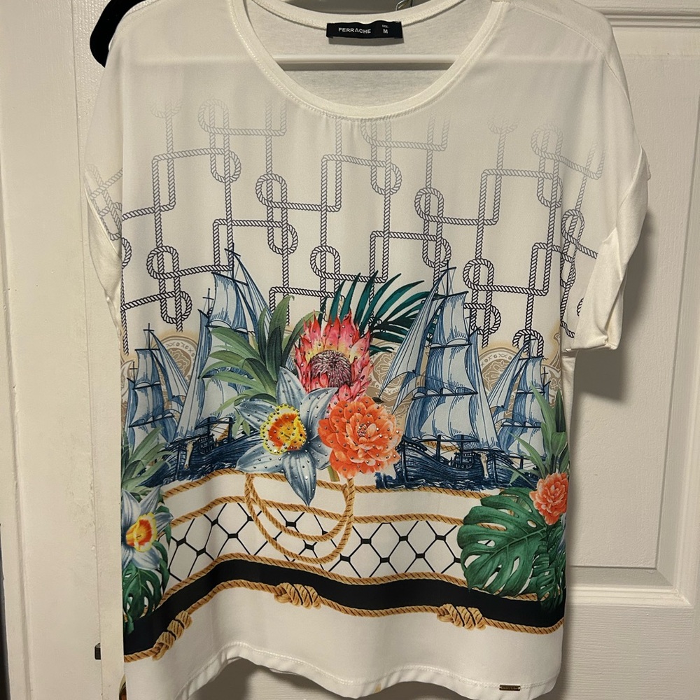 Peter Nygard Nautical Floral Blouse - White and Blue